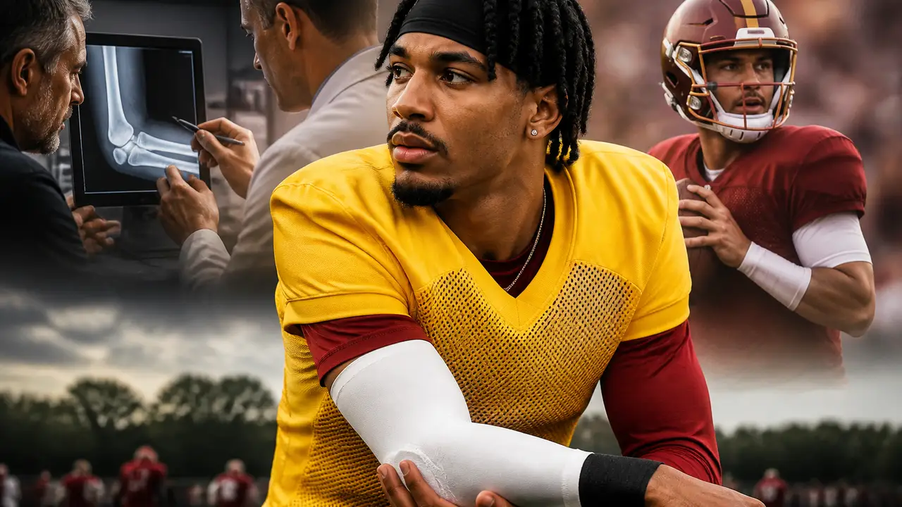 Commanders keep Jayden Daniels off IR after elbow review, leaving return week open cover